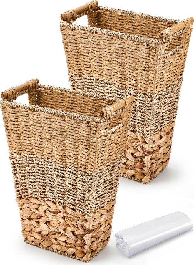 Mifoci 2 Pcs Wicker Trash Can with 50 Small Trash Bag Wicker Waste Woven Basket with Handles Clear Multi Use Garbage Bags for Bathroom Kitchen Bedroom(Multicolor) - Image 1