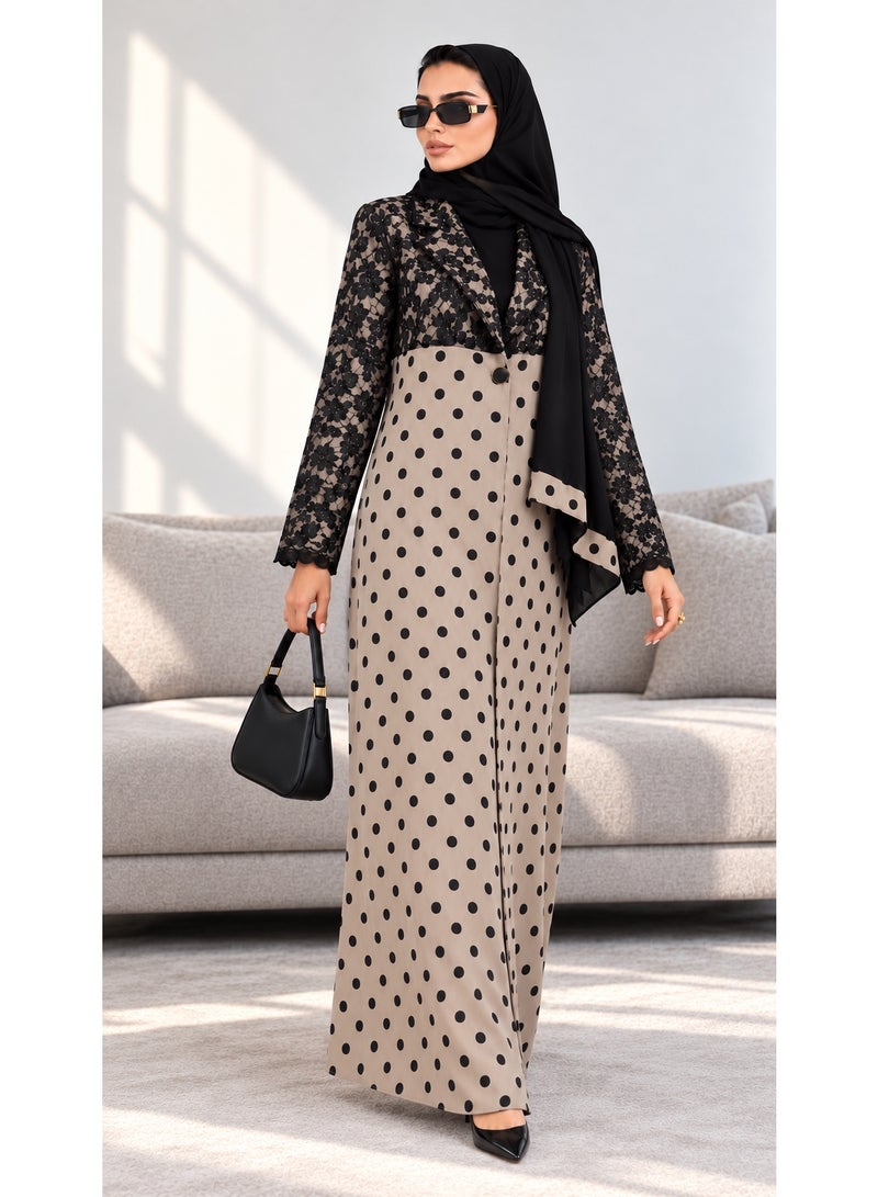 KAVALEE Women's Noir Lace & Beige Polka Dot Button-Front Abaya with Black Scarf - Image 2