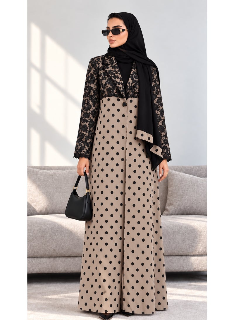 KAVALEE Women's Noir Lace & Beige Polka Dot Button-Front Abaya with Black Scarf - Image 1