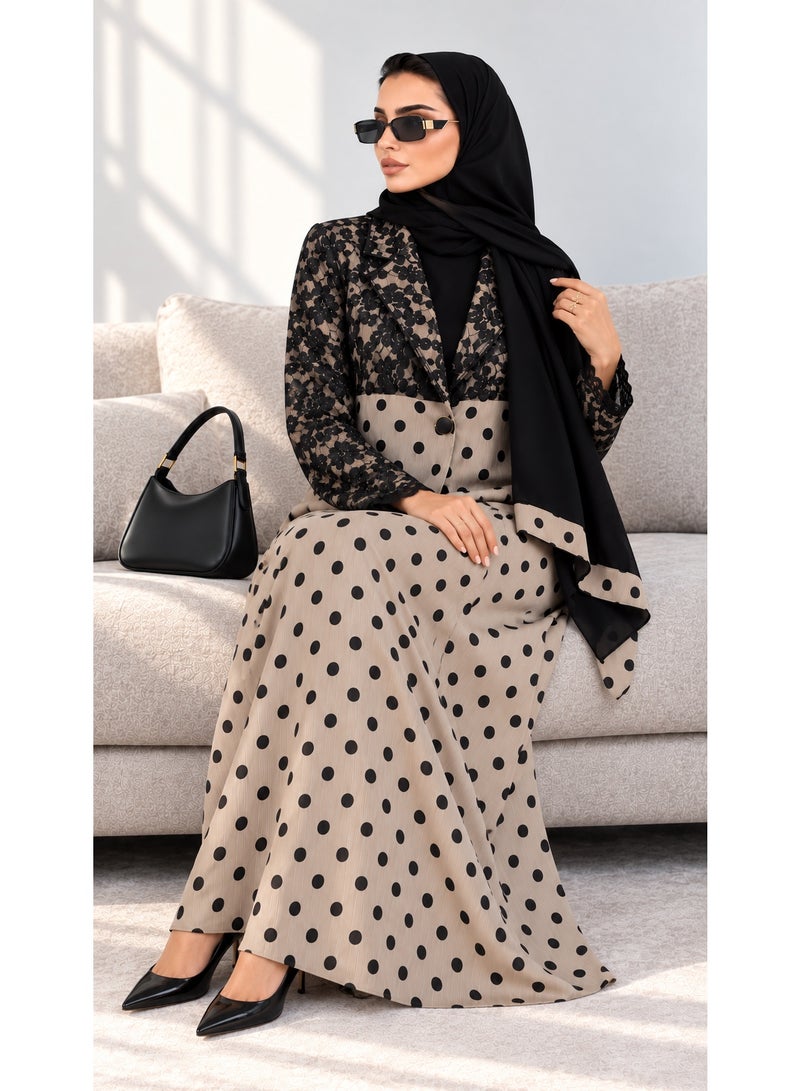 KAVALEE Women's Noir Lace & Beige Polka Dot Button-Front Abaya with Black Scarf - Image 4