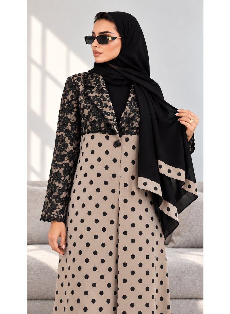 KAVALEE Women's Noir Lace & Beige Polka Dot Button-Front Abaya with Black Scarf - Image 3