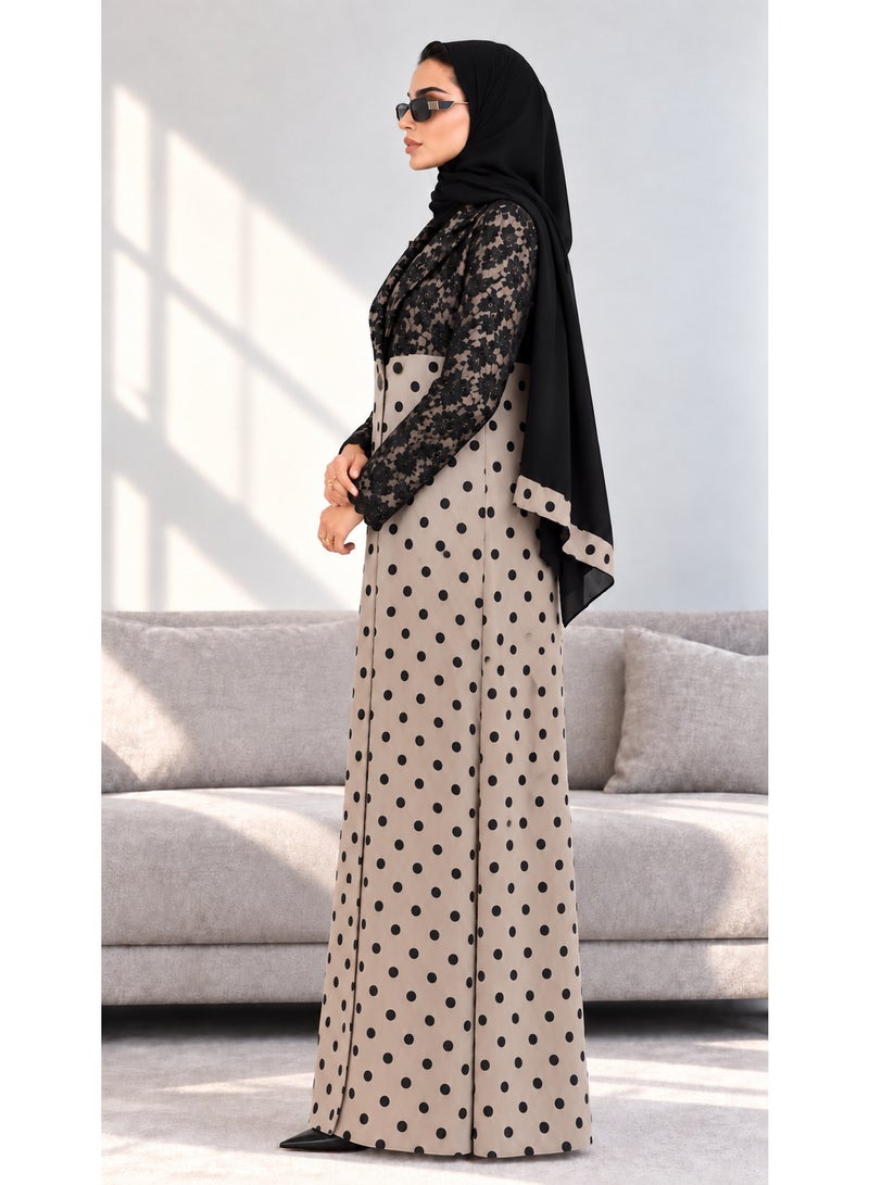 KAVALEE Women's Noir Lace & Beige Polka Dot Button-Front Abaya with Black Scarf - Image 5