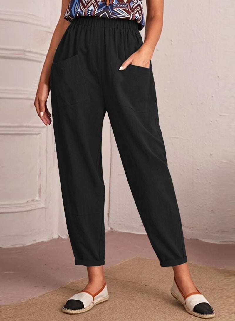 Loquat New Elastic Waist Cotton Oblique Pocket Nine Points Small Foot Leg Women's Pants 