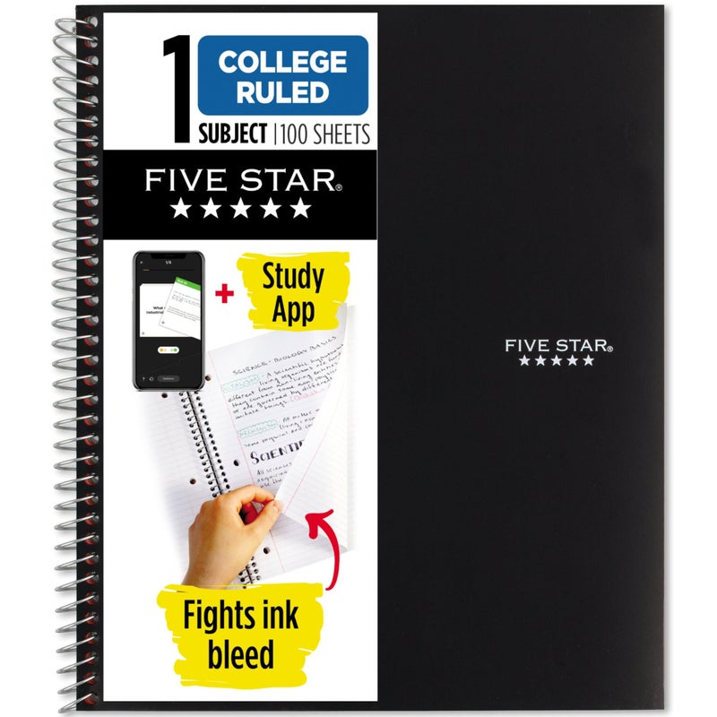 Five Star Spiral Notebook Plus Study App, 1 Subject, College Ruled Paper, 100 Sheets, 8-1/2" x 11", School, Black (72057) - Image 1