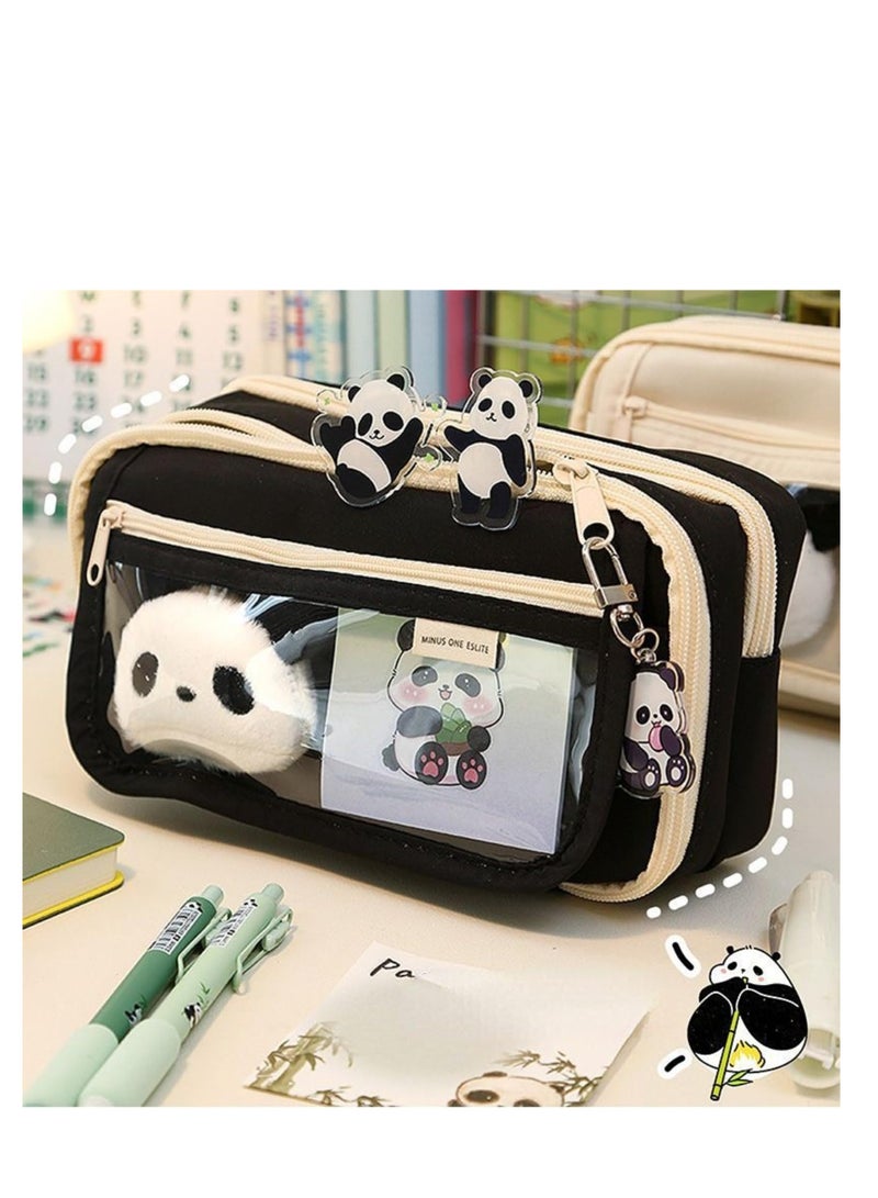 SYOSI Panda Pencil Case, 10Pcs Cute Panda Pencil Case Large Capacity, Adults Aesthetic Pencil Case, Kawaii Pencil Pouch Cute With Zipper Preppy Pen Bag With Gel Ink Pens, Clips, Stickers, Pin (Black) - Image 3