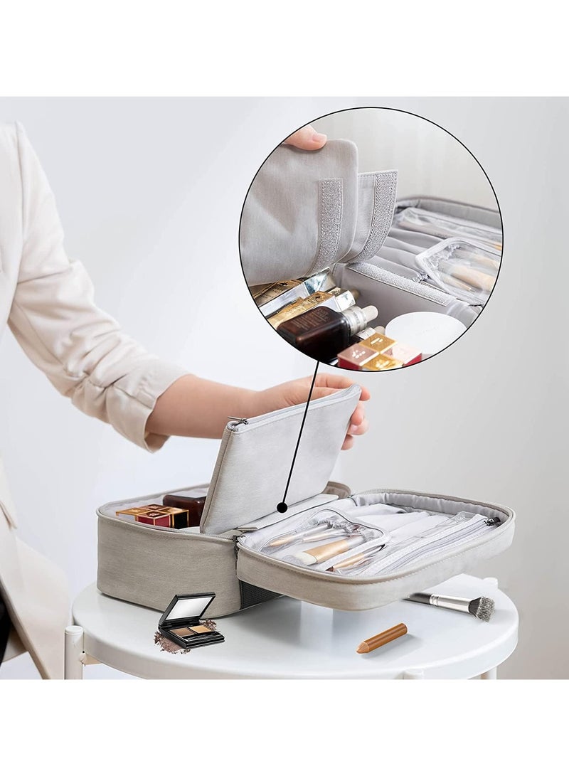 حقيبة مكياج بسعة كبيرة، حقيبة مكياج جلدية للسفر، حقيبة مستحضرات تجميل محمولة لتنظيم المكياج للنساء والرجال (رمادي) - Image 5