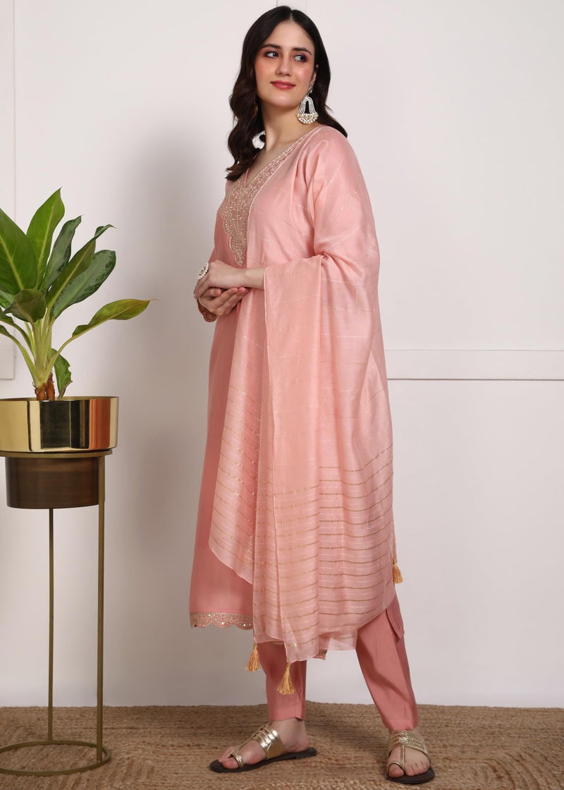 Memore Women's Silk Embroidery Kurta Pant Dupatta Set with V Neck 3/4 Sleeves Straight Calf Length and Solid Bottom One Side Pocket Elastic Waistband Pull On Closure | Peach_S - Image 4