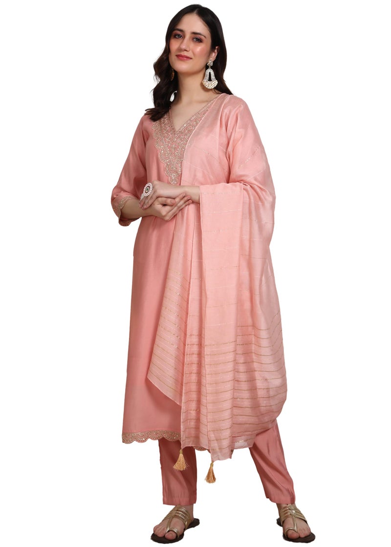 Memore Women's Silk Embroidery Kurta Pant Dupatta Set with V Neck 3/4 Sleeves Straight Calf Length and Solid Bottom One Side Pocket Elastic Waistband Pull On Closure | Peach_S - Image 1