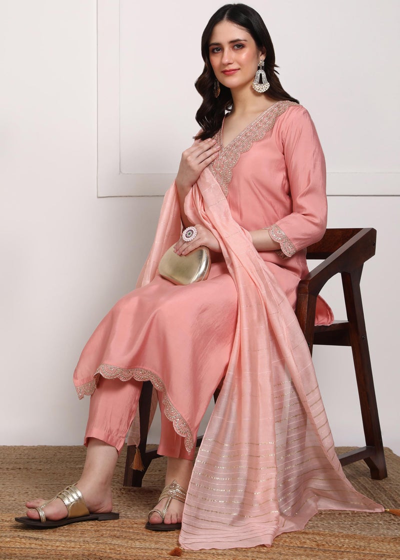 Memore Women's Silk Embroidery Kurta Pant Dupatta Set with V Neck 3/4 Sleeves Straight Calf Length and Solid Bottom One Side Pocket Elastic Waistband Pull On Closure | Peach_S - Image 2