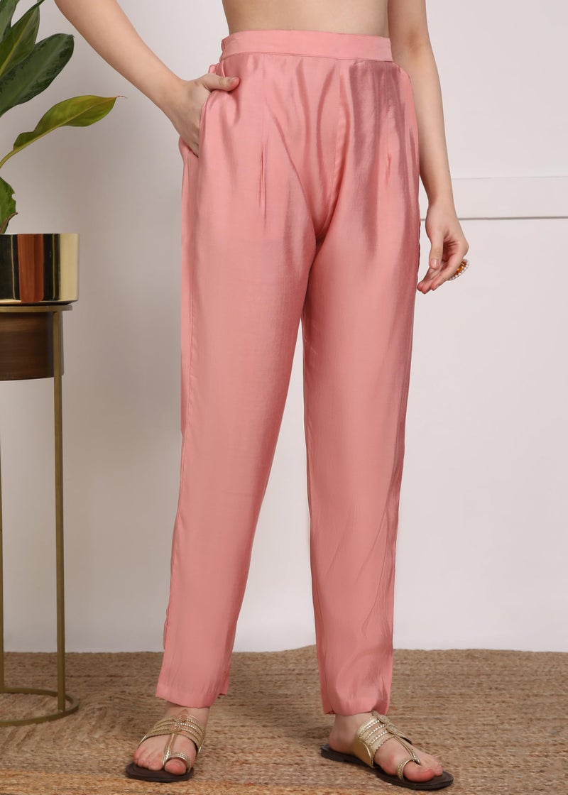 Memore Women's Silk Embroidery Kurta Pant Dupatta Set with V Neck 3/4 Sleeves Straight Calf Length and Solid Bottom One Side Pocket Elastic Waistband Pull On Closure | Peach_S - Image 5