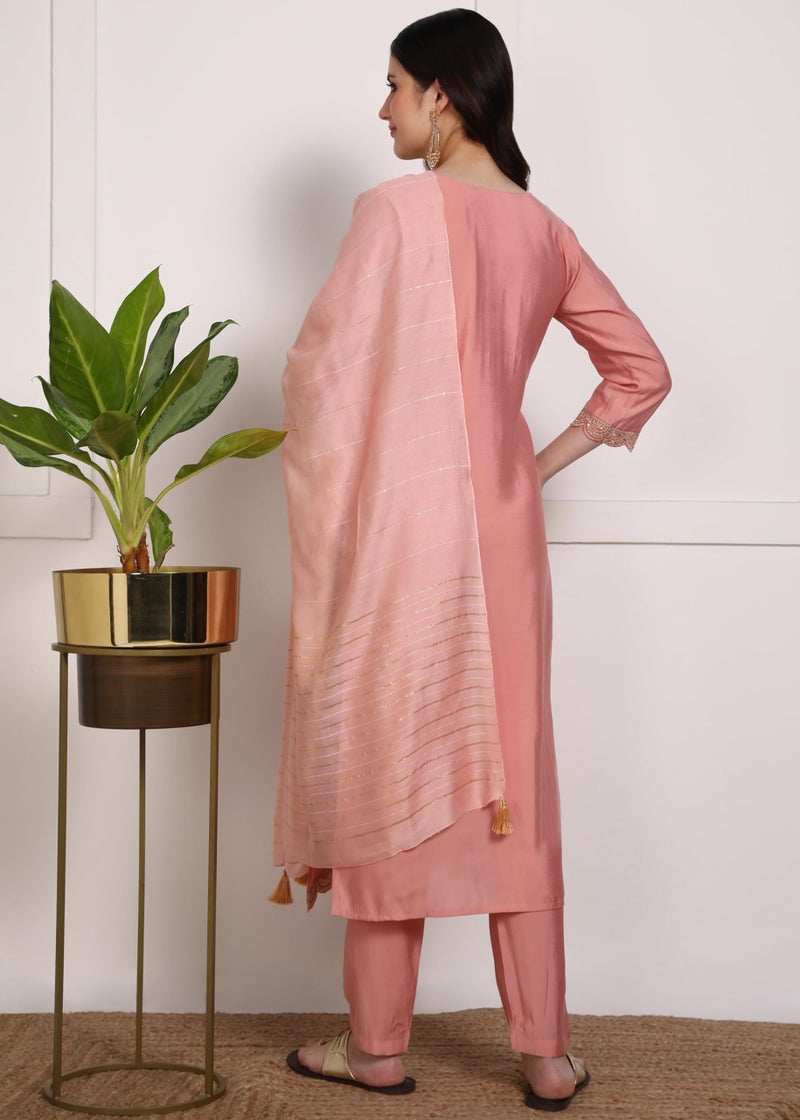 Memore Women's Silk Embroidery Kurta Pant Dupatta Set with V Neck 3/4 Sleeves Straight Calf Length and Solid Bottom One Side Pocket Elastic Waistband Pull On Closure | Peach_S - Image 3