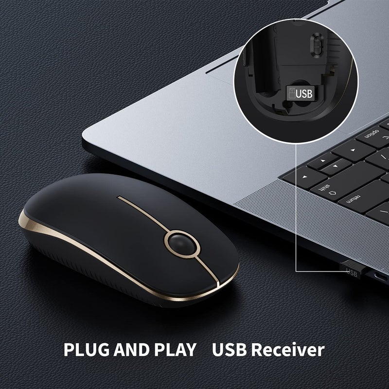 VssoPlor Wireless Mouse, 2.4G Slim Portable Computer Laptop Mouse with Nano Receiver Quiet Silent Optical Mice for Notebook, PC, Laptop, Computer-Black and Gold - Image 3