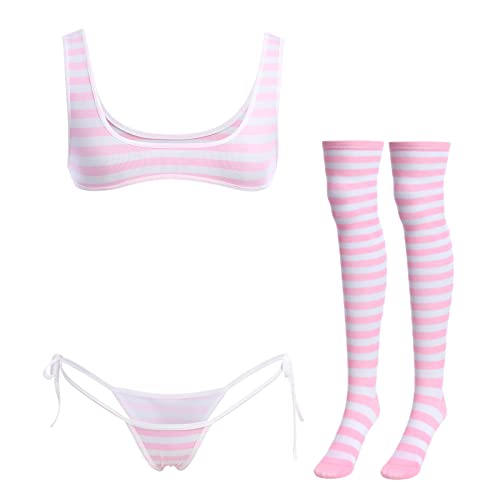 ABAFIP Women Cute Kawaii Anime Lingerie set Halter Strap Micro Bra Tiny Panty Garter Belt Striped Stockings 4Pcs Underwear Pink - Wide Strap One Size - Image 1