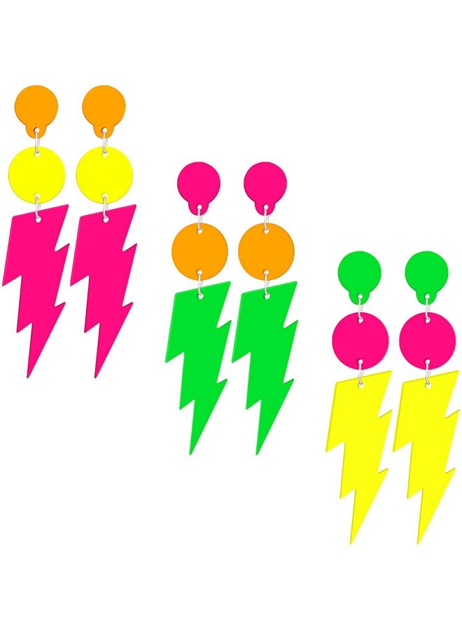 SKYFUN 3 Pairs 80S 90S Neon Earrings For Women Large Retro Lightning Shape Lightweight Acrylic Drop Dangle Earrings For 80S Costume Outfits Dancing Glow Party Accessories, Lightning With Ball - Image 1