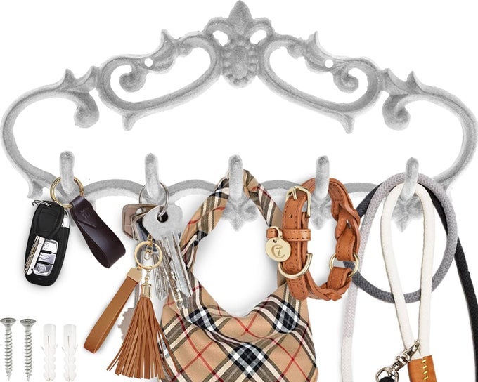 CAST IRON WALL MOUNTED HANGER VINTAGE DESIGN WITH 5 HOOKS KEYS TOWELS ROBES CLOTHES AND MORE WALL MOUNTED METAL HEAVY DUTY RUSTIC VINTAGE 126X59 RUSTIC WHITE