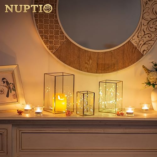 NUPTIO Glass Hurricane Candle Holder 3 Pcs Black Lanterns Geometric Pillar Candles Holder Decorative Lantern Centerpiece for Outdoor Indoor Halloween Holiday Fireplace Decor 81 65 47 inch - Image 3