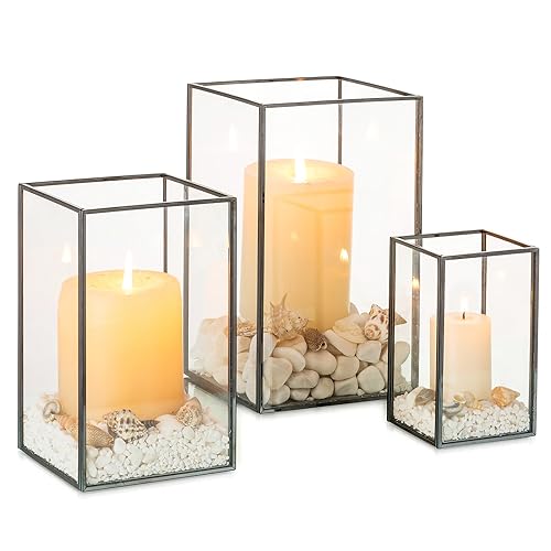 NUPTIO Glass Hurricane Candle Holder 3 Pcs Black Lanterns Geometric Pillar Candles Holder Decorative Lantern Centerpiece for Outdoor Indoor Halloween Holiday Fireplace Decor 81 65 47 inch - Image 1