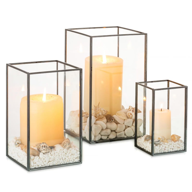 NUPTIO Glass Hurricane Candle Holder 3 Pcs Black Lanterns Geometric Pillar Candles Holder Decorative Lantern Centerpiece for Outdoor Indoor Halloween Holiday Fireplace Decor 81 65 47 inch - Image 2