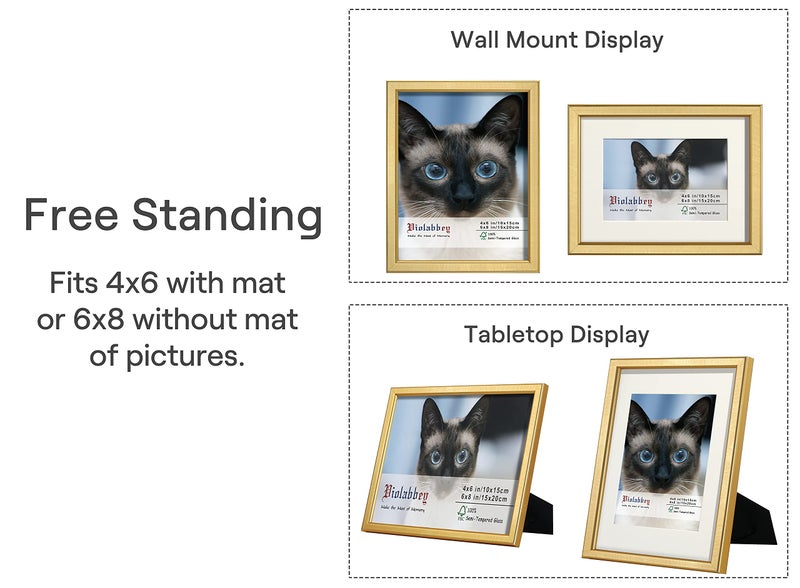 VIOLABBEY 6x8 Picture Frame Set of 4, Gold Photo Frame, Display 4x6 Photo with Mat and 6x8 without Mat, Wall or Tabletop, HD Real Glass - Image 2