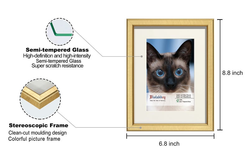 VIOLABBEY 6x8 Picture Frame Set of 4, Gold Photo Frame, Display 4x6 Photo with Mat and 6x8 without Mat, Wall or Tabletop, HD Real Glass - Image 3