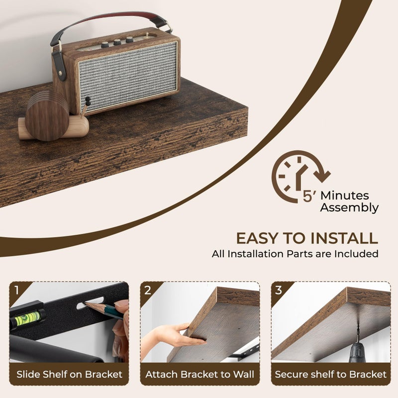 RICHFOCUS 31.5Inch Floating Shelves for Wall 2 Pack Shelves for Bedroom|Kitchen|Bathroom Wall Mounted Rustic Wood Floating Shelf with Invisible Brackets for Books|Storage|Decor, Rustic Brown - Image 5