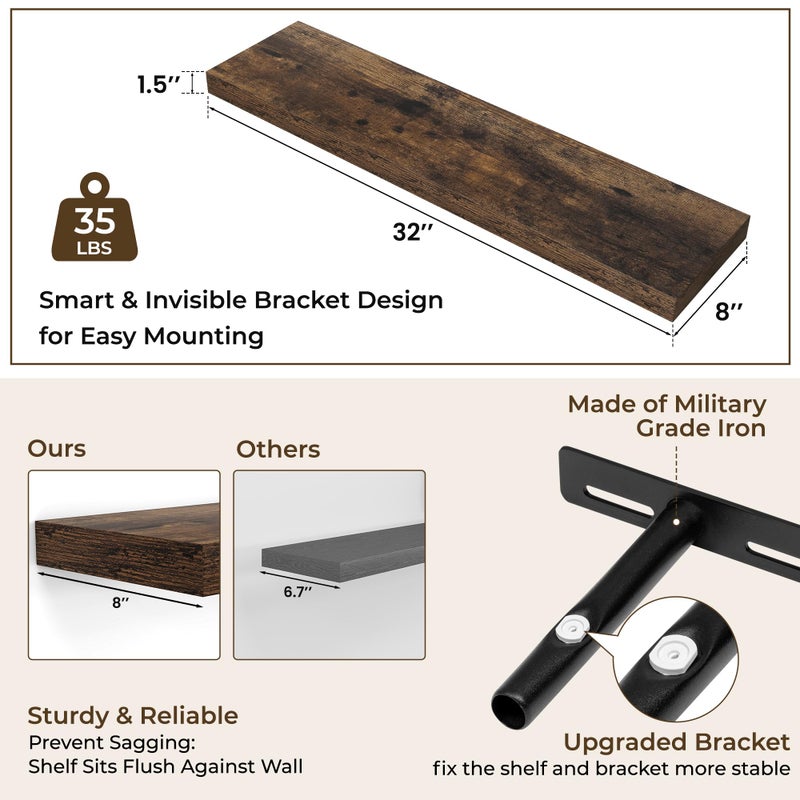 RICHFOCUS 31.5Inch Floating Shelves for Wall 2 Pack Shelves for Bedroom|Kitchen|Bathroom Wall Mounted Rustic Wood Floating Shelf with Invisible Brackets for Books|Storage|Decor, Rustic Brown - Image 4