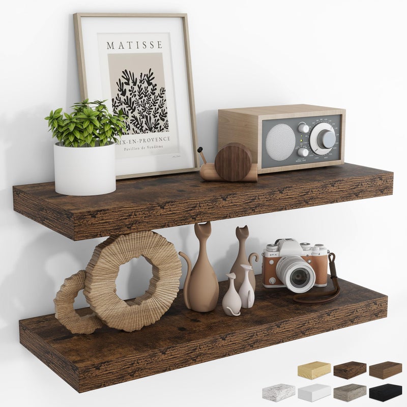 RICHFOCUS 31.5Inch Floating Shelves for Wall 2 Pack Shelves for Bedroom|Kitchen|Bathroom Wall Mounted Rustic Wood Floating Shelf with Invisible Brackets for Books|Storage|Decor, Rustic Brown - Image 1