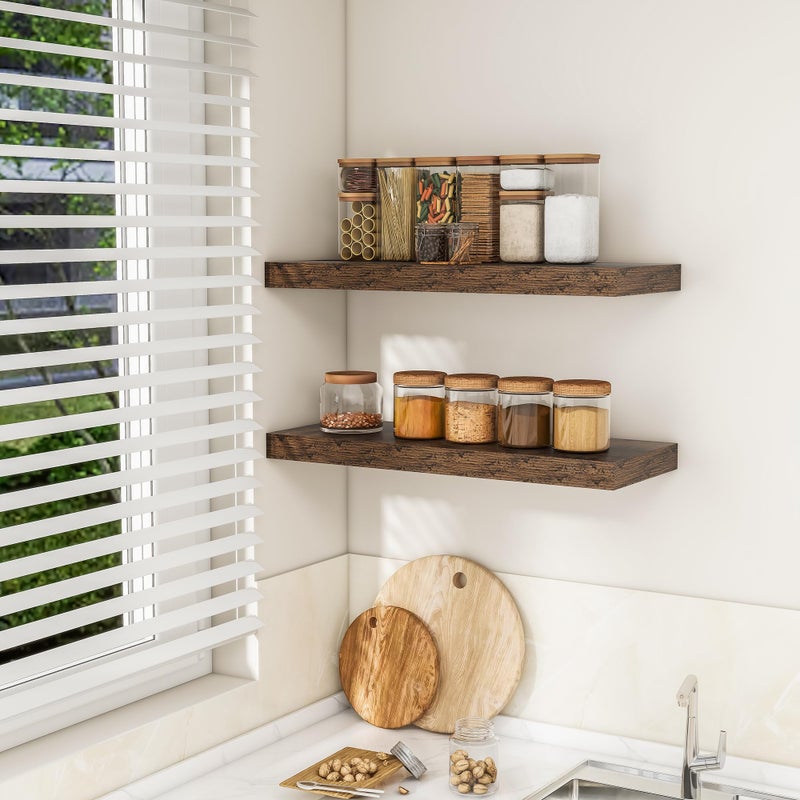 RICHFOCUS 31.5Inch Floating Shelves for Wall 2 Pack Shelves for Bedroom|Kitchen|Bathroom Wall Mounted Rustic Wood Floating Shelf with Invisible Brackets for Books|Storage|Decor, Rustic Brown - Image 3
