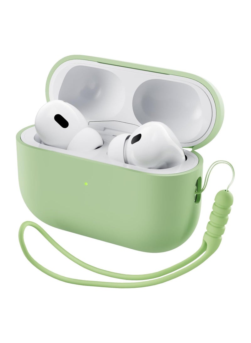 Compatible with AirPods Pro 2 Case (2022), Protective Liquid Silicone Case Cover for AirPods Pro 2nd Generation with Lanyard Soft Skin Front LED Visible Silicone Case-Pea Green - Image 1