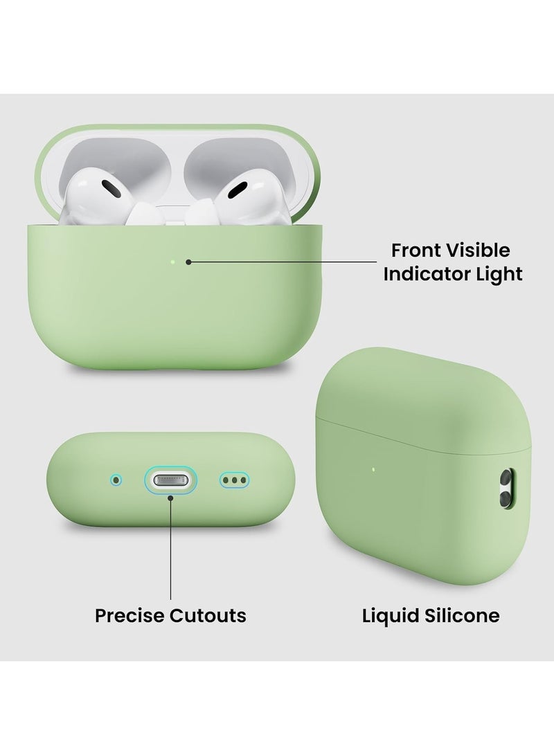 Compatible with AirPods Pro 2 Case (2022), Protective Liquid Silicone Case Cover for AirPods Pro 2nd Generation with Lanyard Soft Skin Front LED Visible Silicone Case-Pea Green - Image 2