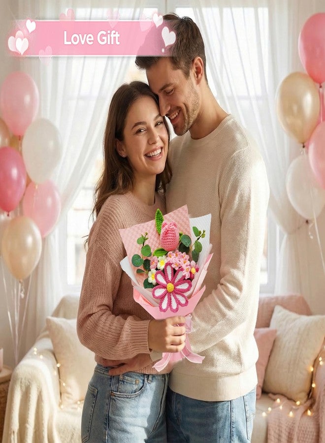 باقة زهور كروشيه، زهور كروشيه وردية مصنوعة يدويًا، زهور توليب كروشيه مع بطاقة هدية لها، زوجة، حبيبة، صديقة، صديقات، عيد الحب، ذكرى زواج، عيد ميلاد، عيد الأم، تخرج، زفاف - Image 5