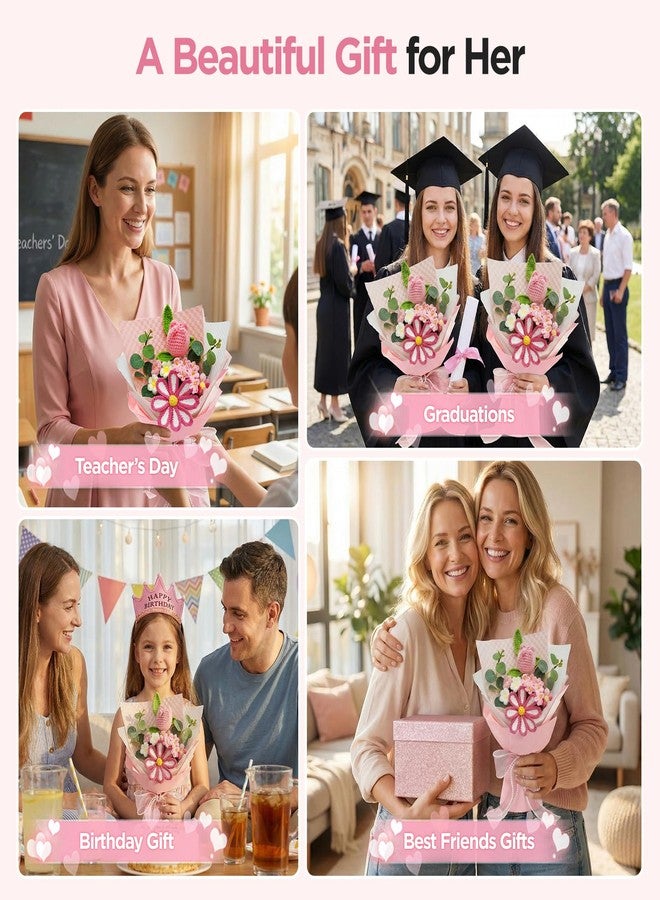 باقة زهور كروشيه، زهور كروشيه وردية مصنوعة يدويًا، زهور توليب كروشيه مع بطاقة هدية لها، زوجة، حبيبة، صديقة، صديقات، عيد الحب، ذكرى زواج، عيد ميلاد، عيد الأم، تخرج، زفاف - Image 3