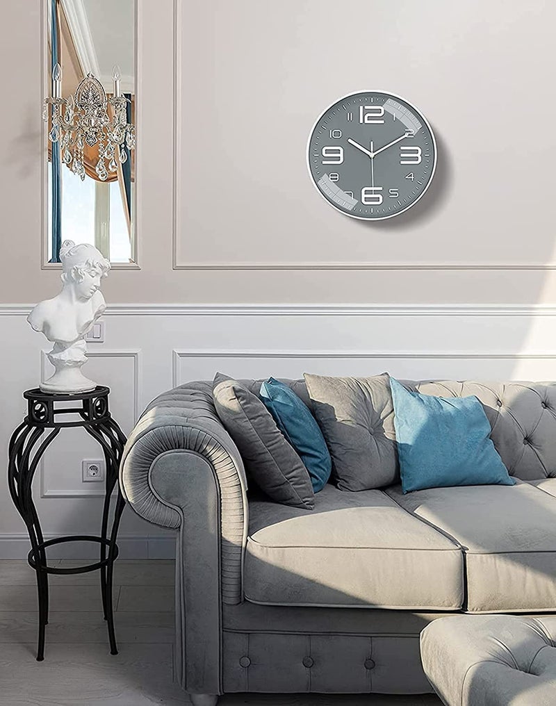 TEKCOOL ساعة حائط 12" كواتز صامتة زخرفية أحدث ساعة حائط غير مزعجة ساعة كلاسيكية تعمل بالبطارية دائرية سهلة القراءة للغرفة/المنزل/المطبخ/غرفة النوم/المكتب/المدرسة - تناظرية، بلاستيك رمادي - Image 5