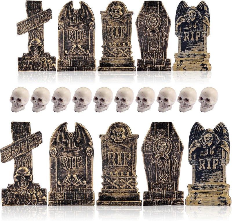 10 Pieces Halloween Miniature Tombstones Figurines, Mini Plastic Graveyard Gravestone for DIY Crafts Home Garden Decor, Gold Style - Image 1