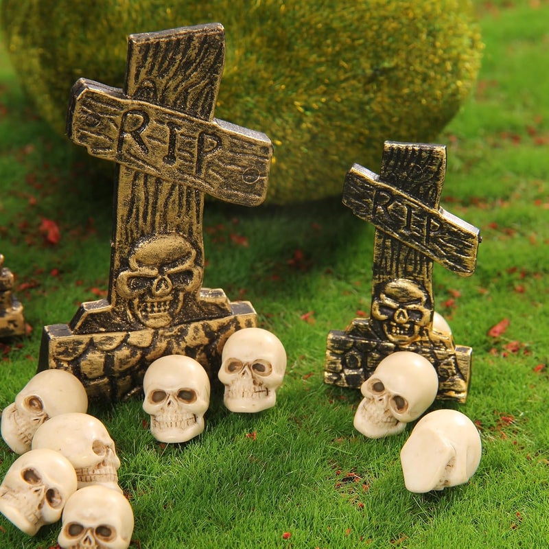 10 Pieces Halloween Miniature Tombstones Figurines, Mini Plastic Graveyard Gravestone for DIY Crafts Home Garden Decor, Gold Style - Image 4