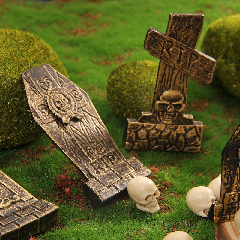 10 Pieces Halloween Miniature Tombstones Figurines, Mini Plastic Graveyard Gravestone for DIY Crafts Home Garden Decor, Gold Style - Image 5