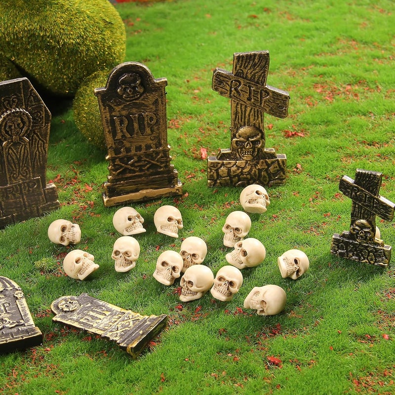 10 Pieces Halloween Miniature Tombstones Figurines, Mini Plastic Graveyard Gravestone for DIY Crafts Home Garden Decor, Gold Style - Image 2