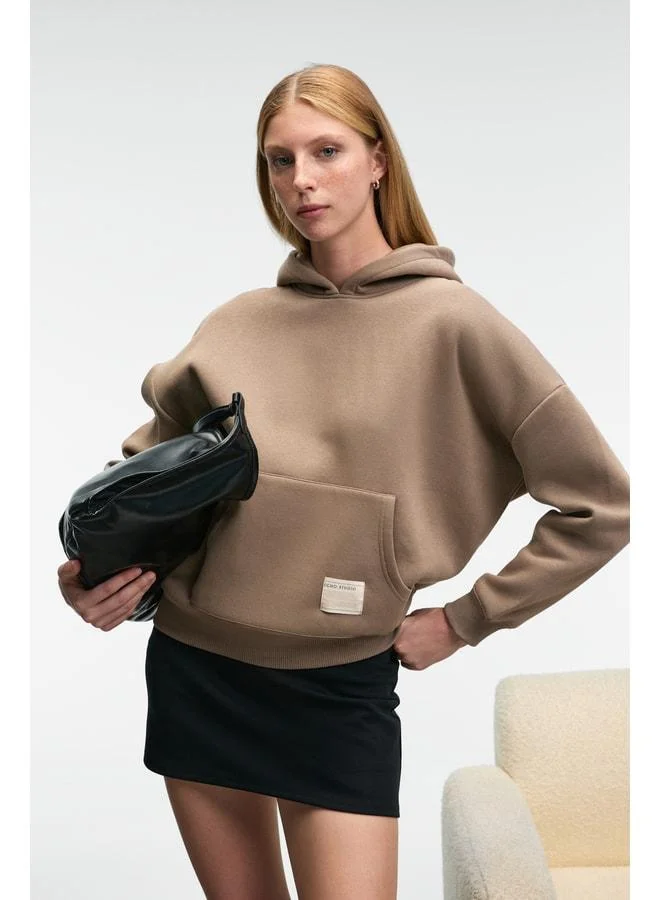 Grimelange CLARIE Women's Organic Cotton Oversized Kangaroo Pocket Hooded Vizon Sweatshirt.
