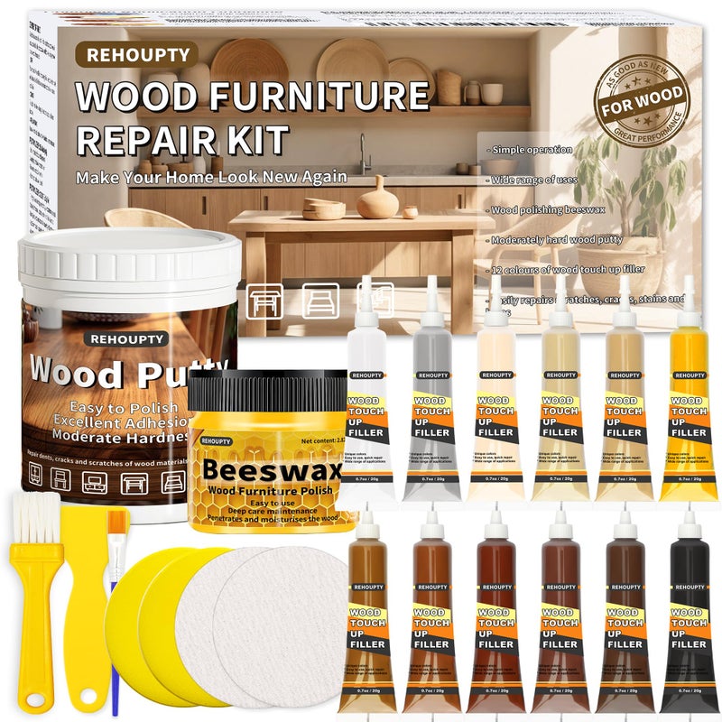 REHOUPTY Wood Furniture Repair Kit AllinOne Large Capacity Floor Repair Kit Include Wood Putty 12 Colors Wood Touch Up Filler and Beeswax Vinyl Floor Repair Kit for Scratch Cracks Stain Holes