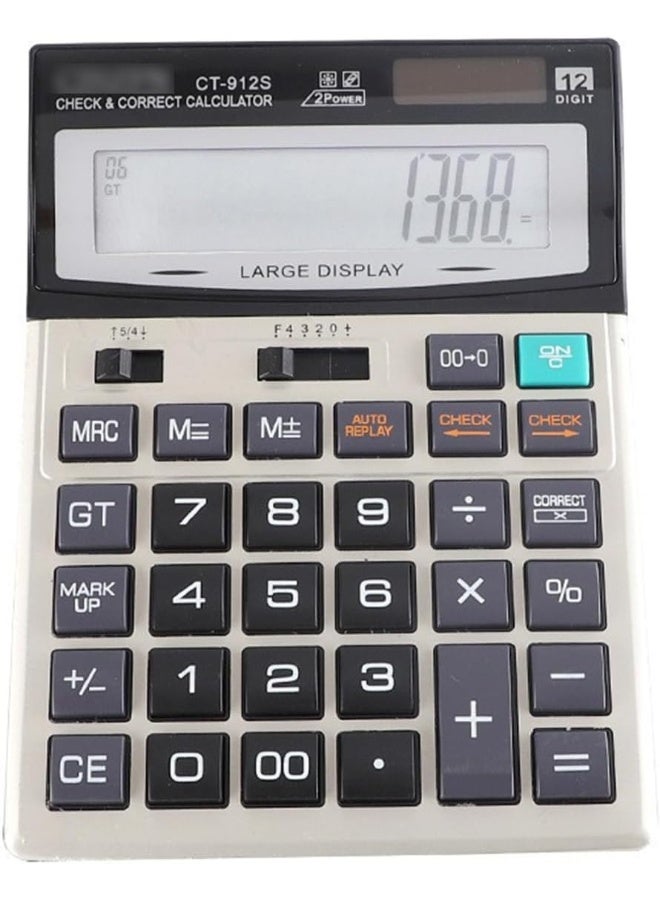 Desktop Calculator, 12 Digit Large LCD Display, Dual Solar Power and Battery, Mechanical Big Buttons Calculator for Office Home School