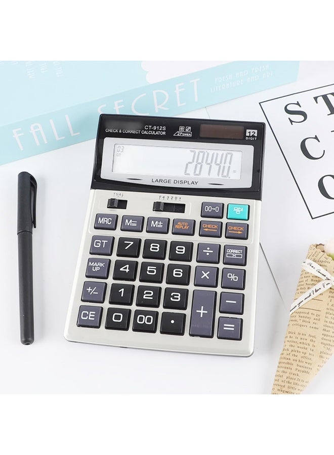 Desktop Calculator, 12 Digit Large LCD Display, Dual Solar Power and Battery, Mechanical Big Buttons Calculator for Office Home School