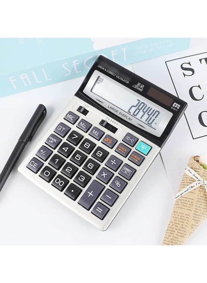 Desktop Calculator, 12 Digit Large LCD Display, Dual Solar Power and Battery, Mechanical Big Buttons Calculator for Office Home School