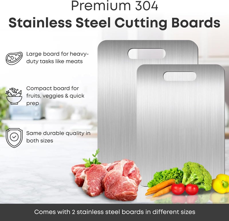 Nexso Stainless Steel Cutting Boards for Kitchen – Set of 2 | Food-Grade Hygienic, Easy to Clean, Dishwasher Safe | Cutting Board Stainless Steel - Image 2