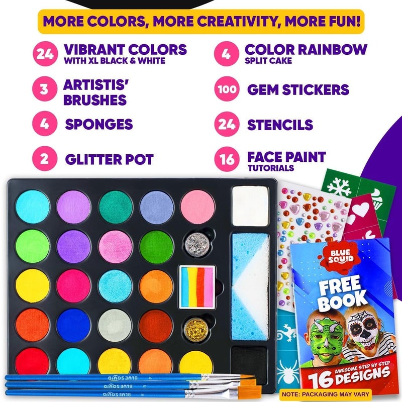 Blue Squid 28 Color Face Painting Kit for Kids - Blue Squid Face Paint Kit Palette with 160pc accessories Stencils, Water Activated Non Toxic Washable Professional Facepaint body set Halloween Party Makeup - Image 3