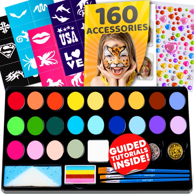 Blue Squid 28 Color Face Painting Kit for Kids - Blue Squid Face Paint Kit Palette with 160pc accessories Stencils, Water Activated Non Toxic Washable Professional Facepaint body set Halloween Party Makeup - Image 1