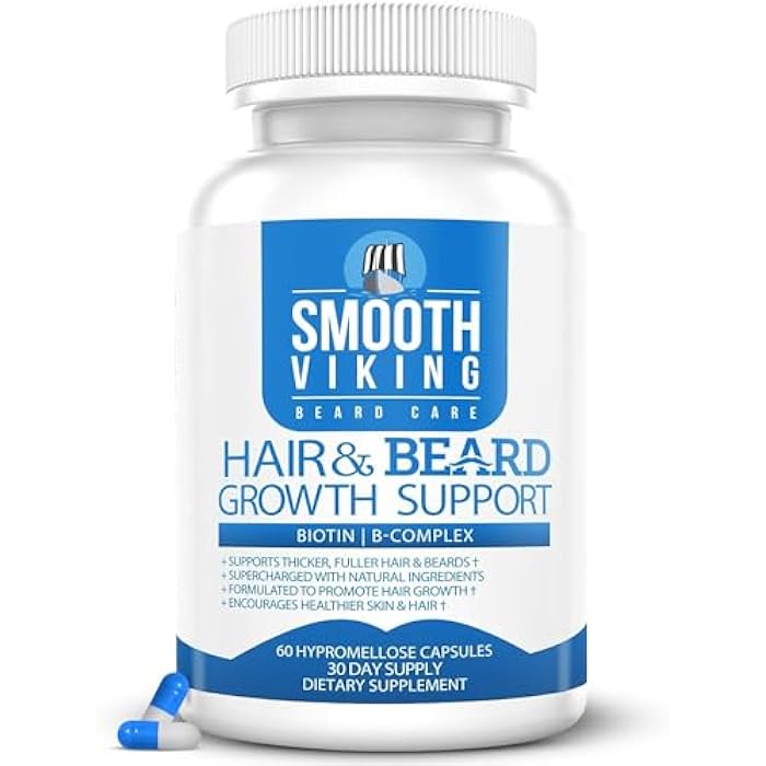 Smooth Viking Beard Care مكمل نمو لحية الفايكنج السلس - فيتامينات نمو الشعر للرجال - 5000 ميكروغرام بيوتين ومثبط DHT لعلاج تساقط الشعر - حبوب لحية لشعر أكثر كثافة وقوة (60 كبسولة) - Image 1