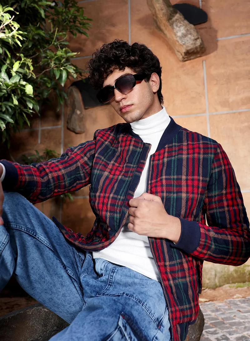 Campus Sutra Men's Crimson Red & Navy Blue Plaid Quilted Bomber Jacket | Baseball Collar , Ribbed Cuff Sleeves , Zipper Closure , Ribbed-Straight Hem | Checks Quilted For Casual & Daily Wear