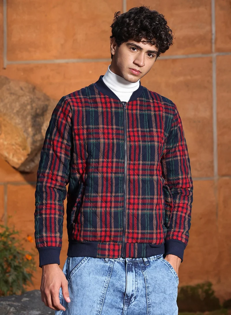 Campus Sutra Men's Crimson Red & Navy Blue Plaid Quilted Bomber Jacket | Baseball Collar , Ribbed Cuff Sleeves , Zipper Closure , Ribbed-Straight Hem | Checks Quilted For Casual & Daily Wear