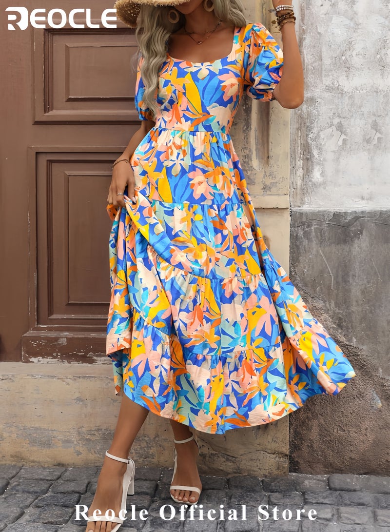 ريوكل فساتين نسائية صيفية فستان ماكسي بدون أكمام مزهر كاجوال بحمالات رفيعة فستان شاطئ طويل منسدل متعدد الطبقات - Image 3