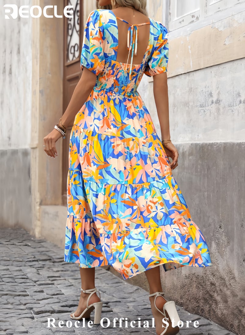 ريوكل فساتين نسائية صيفية فستان ماكسي بدون أكمام مزهر كاجوال بحمالات رفيعة فستان شاطئ طويل منسدل متعدد الطبقات - Image 5